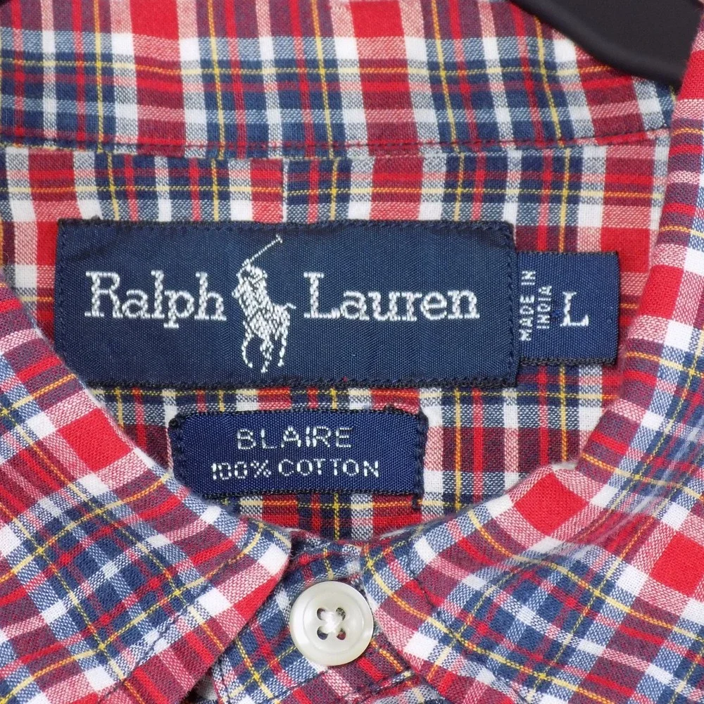 Ralph Lauren Blaire Mens Large Red Navy Plaid Cotton Button Down Shirt L 0317